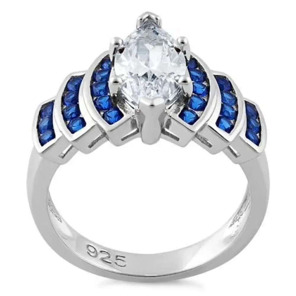 Sterling Silver Elegant Blue Spinel Marquise Clear CZ Ring New